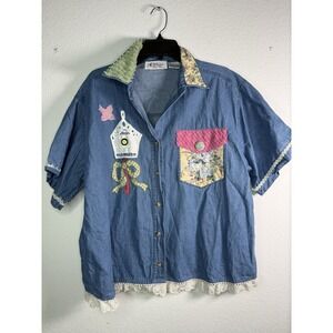 Vtg Coquette Denim Teacher Floral Lace Patch‎ Button Shirt 1X Cottagecore